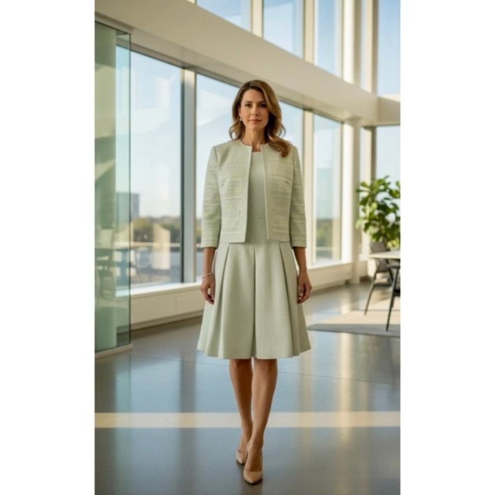 HELENE BERMAN Two Piece Set Blazer‎ Dress Green Metallic Jacquard Size 8